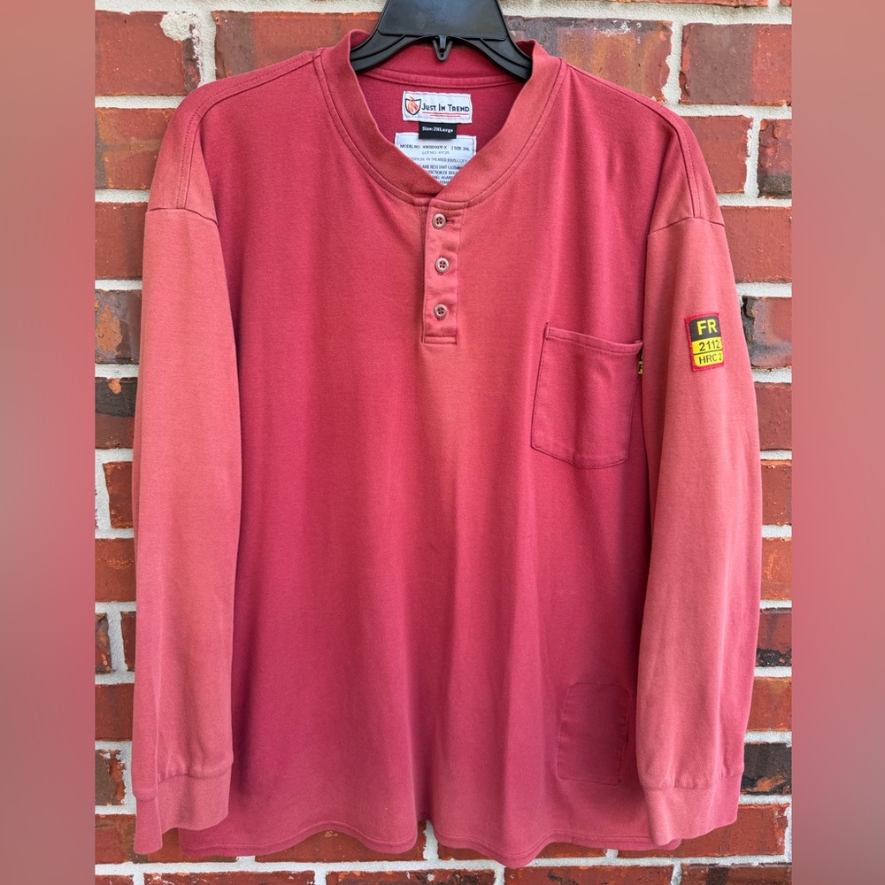 Just In Trend FR Flame Resistant Men's 2XL Red Henley Work Shirt A1 ***See Note
